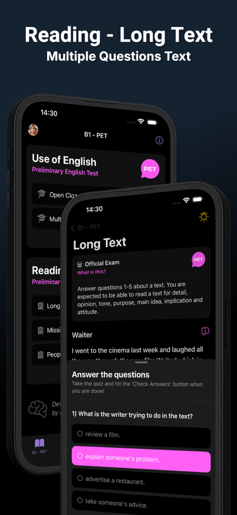 Use of English AI - Interface of Use of English AI app showing a B1 PET reading long text exercise with multiple choice questions