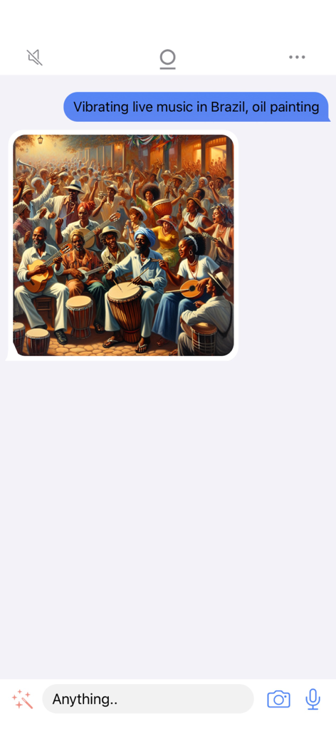 Delphi Pro - Delphi Pro Chat-Oberfläche, die ein von der KI generiertes Ölgemälde von Live-Musik in Brasilien aus einem Text-Prompt zeigt