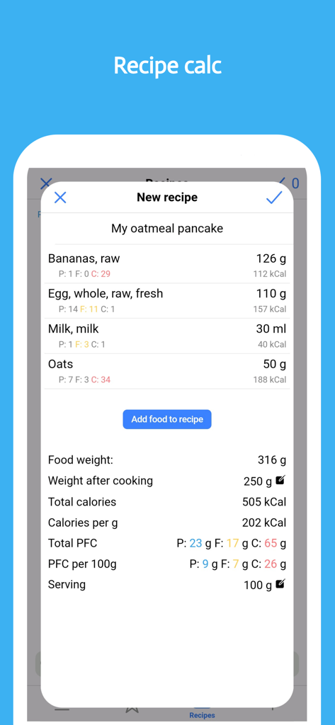 EatFit | Calorie counter - Interface de l'application EatFit pour créer une nouvelle recette avec une liste d'ingrédients et des calculs de macros incluant le poids après cuisson.