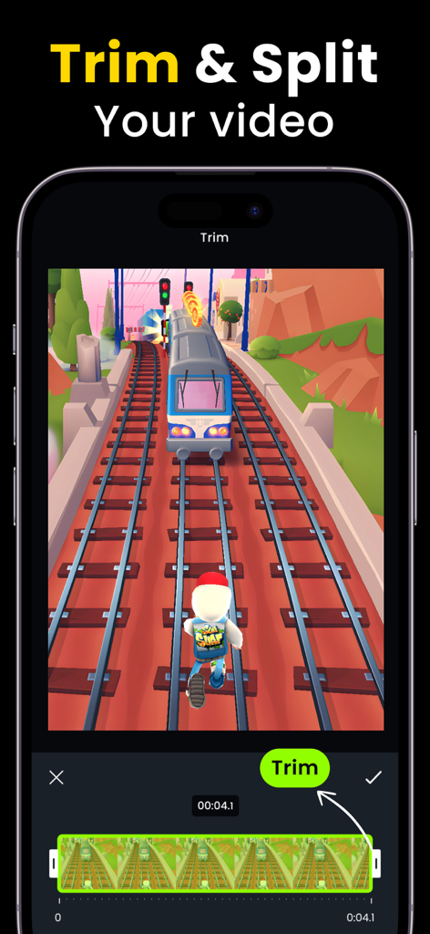 Live Recorder: Record Screen - Mobile screen showing the video trim and split editor in the Live Recorder app with a game recording on screen.