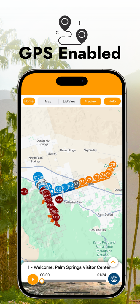 번호가 매겨진 투어 정류장과 오디오 플레이어가 있는 GPS 활성 지도를 보여주는 팜스프링스 오디오 투어 가이드 앱 인터페이스.