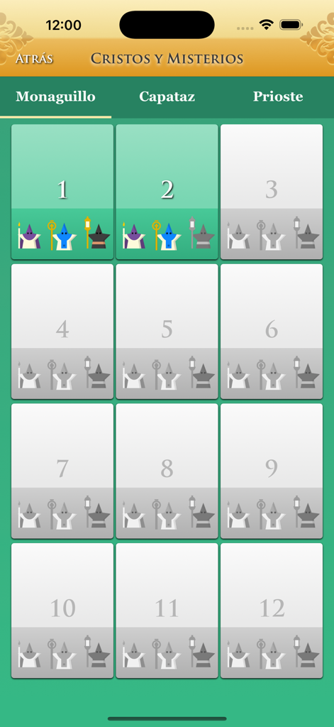 Pantalla de selección de nivel en la aplicación Quiz Cofrade para la categoría de Cristos y Misterios que muestra varias fichas numeradas