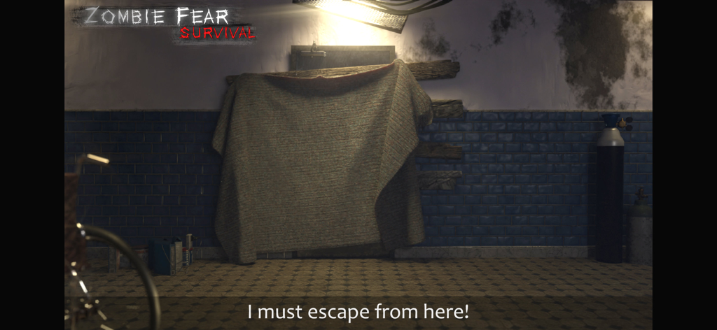 A dark and eerie psychiatric hospital room in the survival horror game Zombie Fear