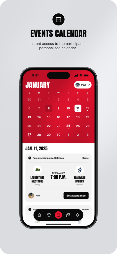 Spordle - Spordle app events calendar interface showing a scheduled sports game and attendance tracking