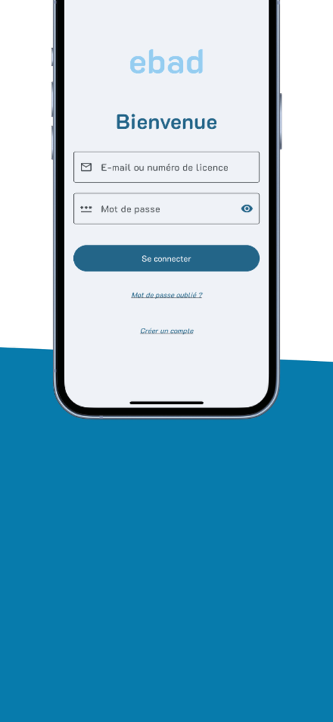 ebad - Écran d'accueil et de connexion de l'application de badminton ebad