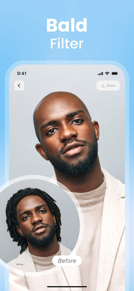 Una comparación que muestra a un hombre con rastas transformado por un filtro de calvicie usando la aplicación Hair AI.