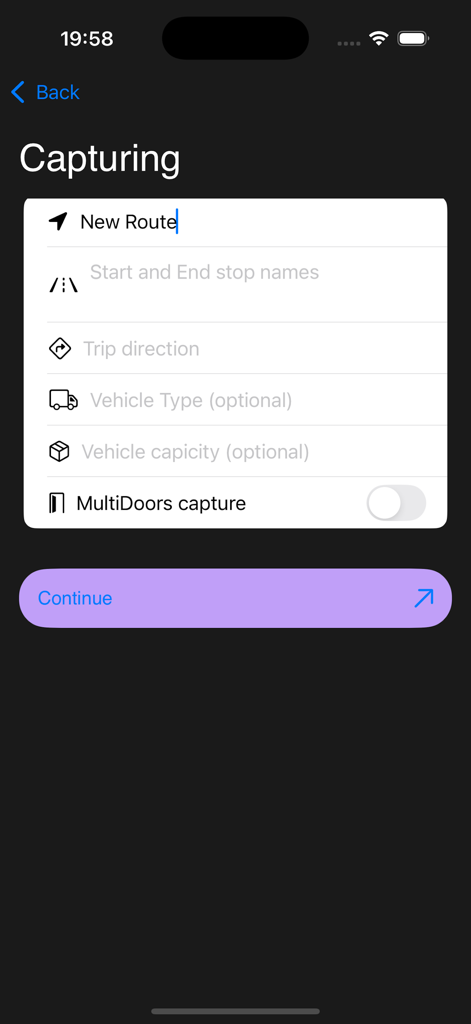TransitWand - Screen for capturing new transit route details including stop names trip direction and vehicle capacity in the TransitWand app.