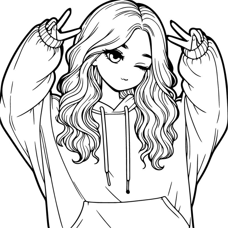 a realistic girl with wavy hair in an oversized sweatshirt doing the ✌️