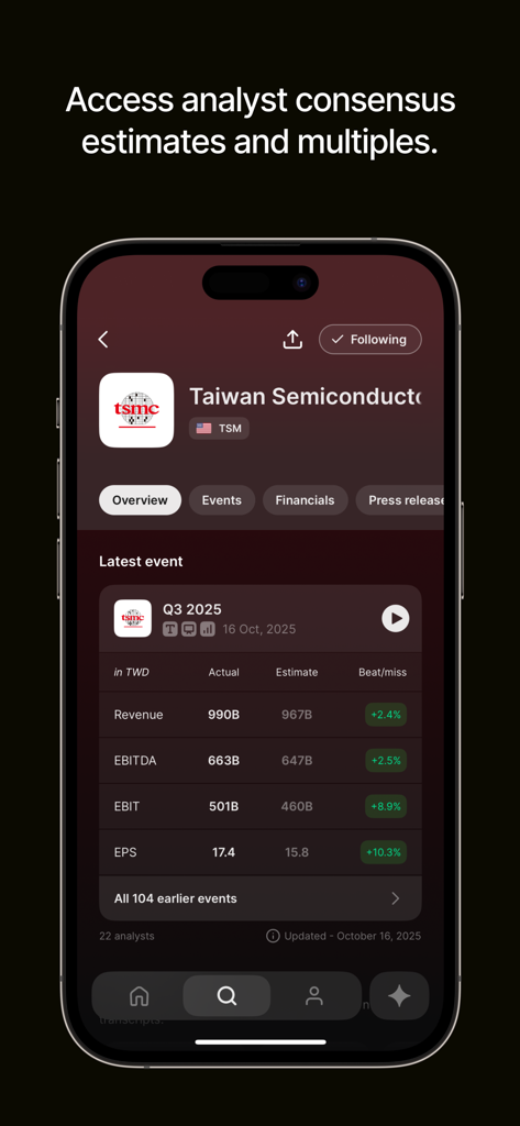Quartr: Financial Research - Quartr app interface showing analyst consensus estimates and financial performance data for Taiwan Semiconductor.