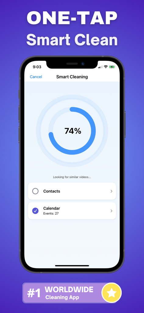 Photo Recovery app interface showing a 74 percent smart cleaning progress
