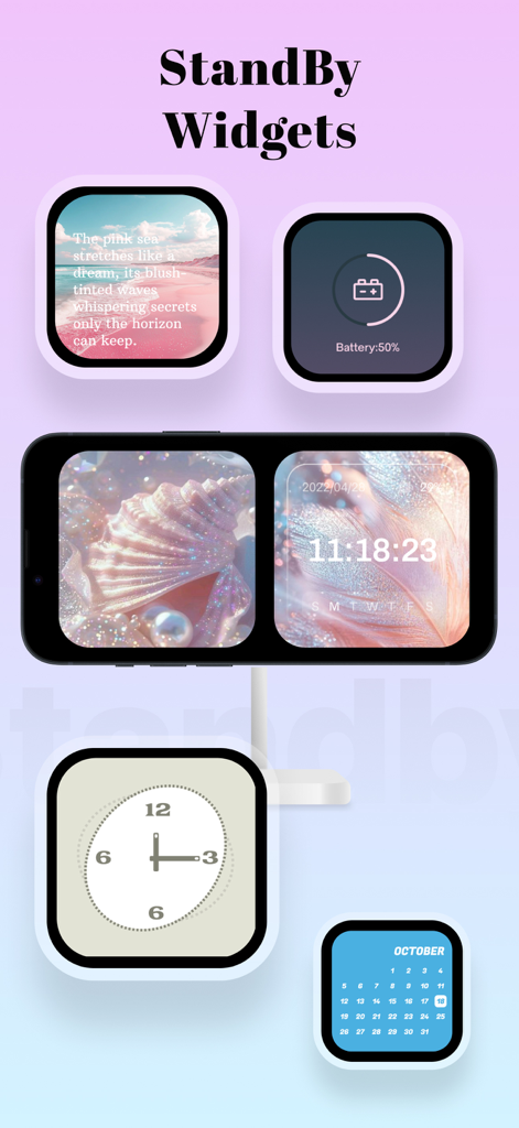 Daily Theme: Aesthetic Widgets - Exhibición de widgets de espera estéticos para iPhone con un reloj medidor de batería, calendario y reloj con tema de playa en una pantalla horizontal