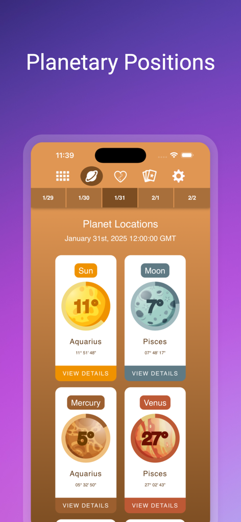 Horoscopes - Mobile app interface showing current planetary positions for the Sun, Moon, Mercury, and Venus in zodiac signs.