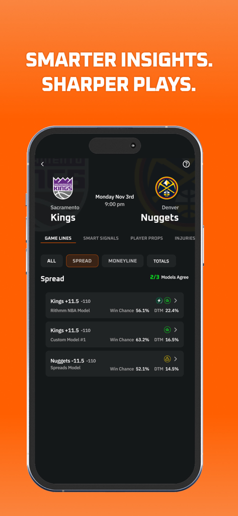 Interfaz de la aplicación Rithmm que muestra información de apuestas de la NBA con IA y probabilidades de ganar para Kings vs Nuggets.