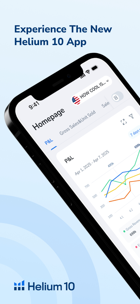 Helium 10 - Panel de la aplicación móvil Helium 10 mostrando un gráfico de análisis de pérdidas y ganancias