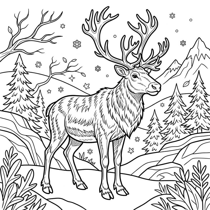 Bring the beauty of winter to life with this delightful wild reindeer coloring page! Kids aged 4-8 will love adding vibrant colors to this majestic creature roaming a snowy forest landscape.