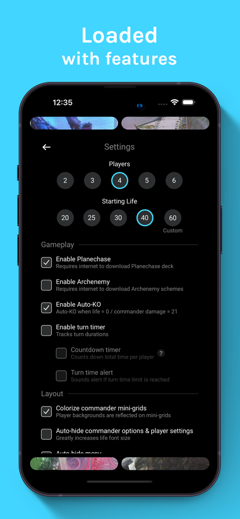 Lifetap MTG life counter settings screen showing player selection starting life and gameplay features