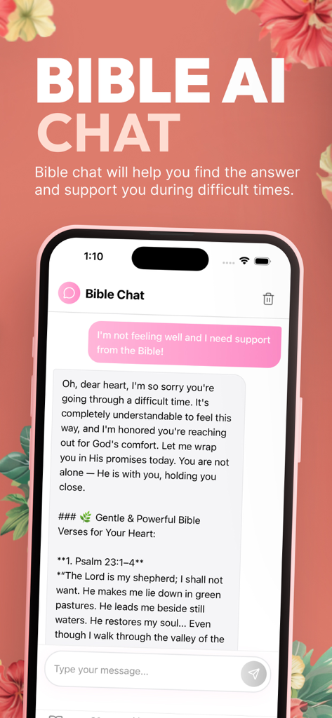 Función de chat de IA en la aplicación Women's Bible que ofrece apoyo espiritual y versículos de las Escrituras