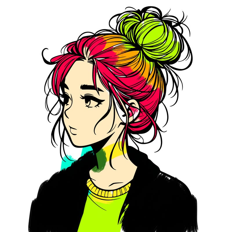 realistic teenage girl with a messy bun