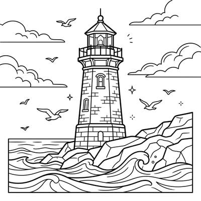 Set sail on a coloring adventure with this charming historic lighthouse template! Designed for kids, it features a grand lighthouse, crashing waves, and playful seagulls ready for a splash of color.