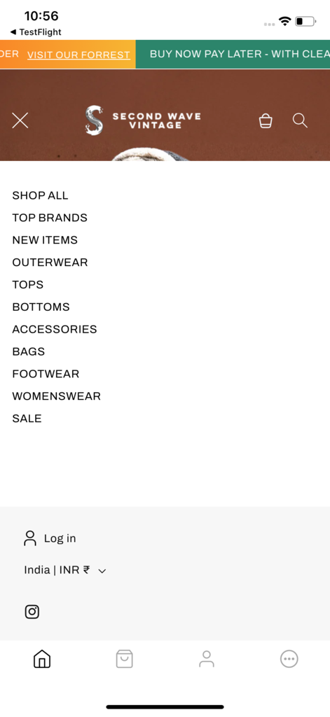 Second Wave Vintage - Second Wave Vintage mobile app navigation menu displaying clothing categories and account login options