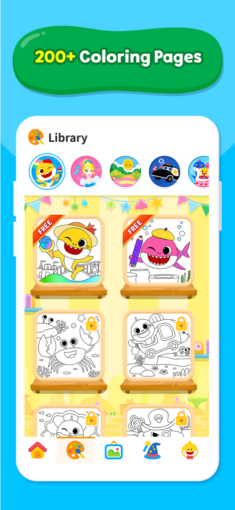 Baby Shark Coloring Book - The library screen of the Baby Shark Coloring Book app featuring a variety of themed coloring pages for kids