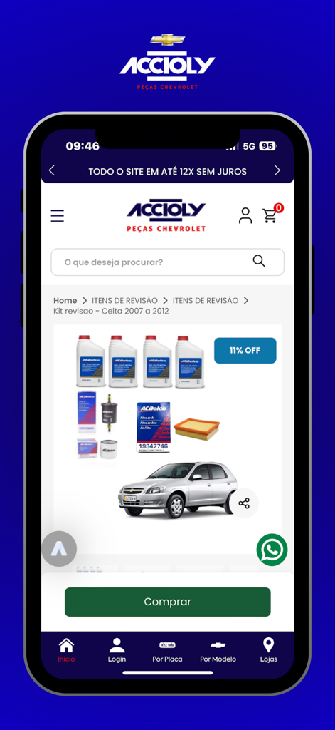 Aplicativo Accioly GM mostrando um kit de manutenção de carro Chevrolet com óleo e filtros