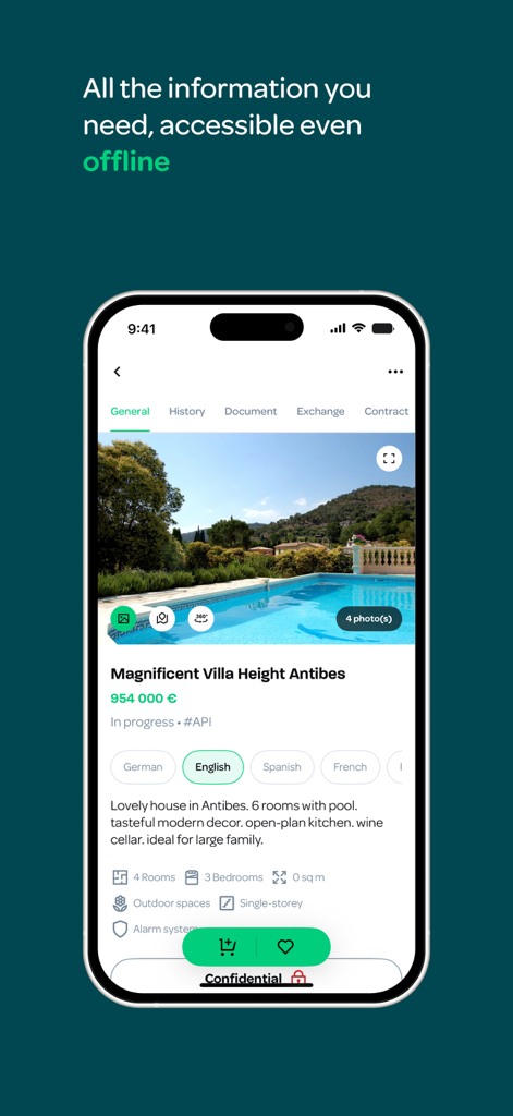 Apimo - Smartphone screen displaying a detailed real estate listing in the Apimo app highlighting its offline access feature.