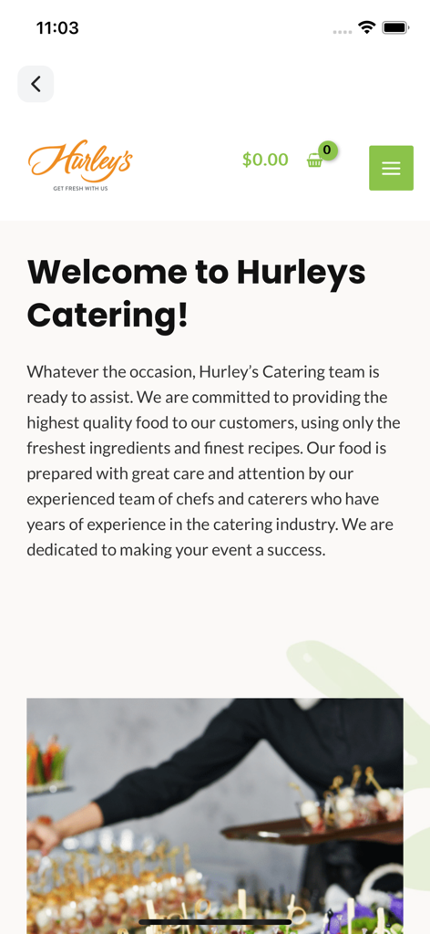 Hurleys catering services welcome screen on the mobile app featuring high quality food descriptions.