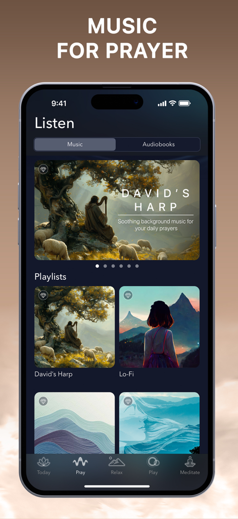 Interface of BlessedPath app showing music for prayer and various calming playlists.