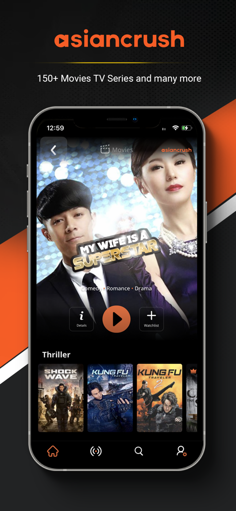 AsianCrush - Movies & TV - AsianCrush mobile app interface showing a variety of Asian movies and TV dramas