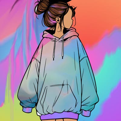 realistic girl with a oversized sweatshirt on and a bun
