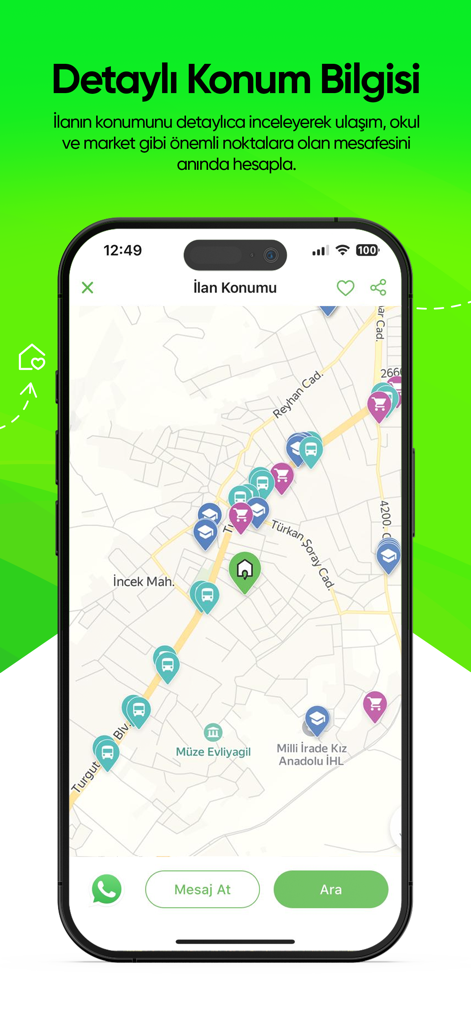 Emlakjet: Emlak Ara & İlan Ver - Emlakjet app screenshot showing a map with a property listing location and nearby amenities like schools and shops