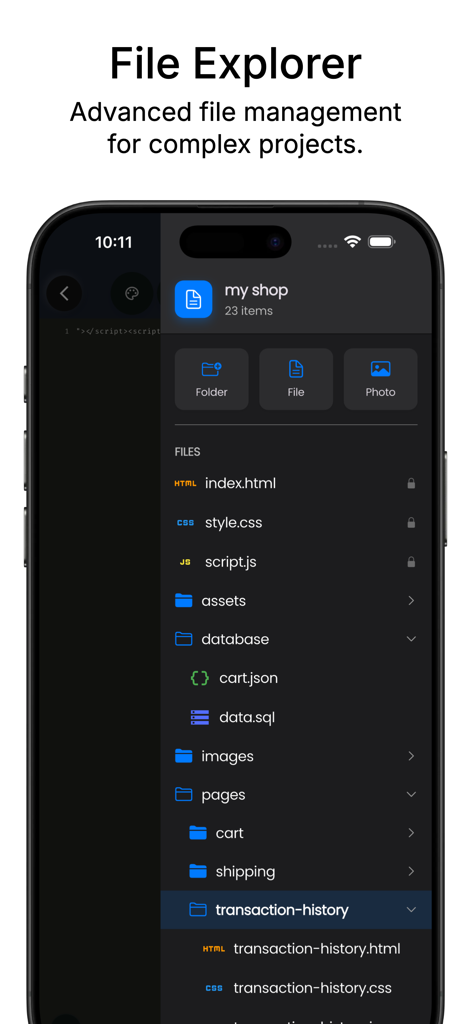 Captura de pantalla de la app Web IDE mostrando un explorador de archivos móvil con una estructura de carpetas de proyecto profesional que incluye archivos HTML, CSS y JS.