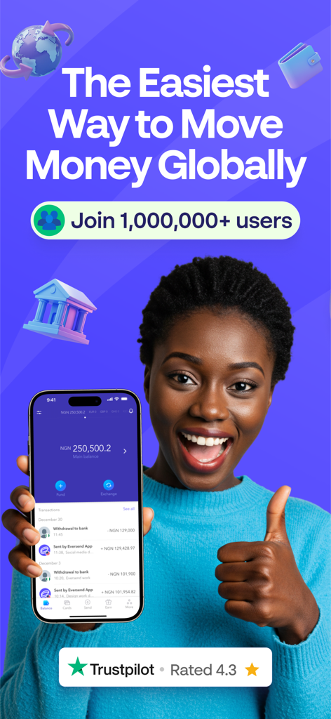 Eversend - the money app - A smiling woman holding a smartphone showing the Eversend app for global money transfers
