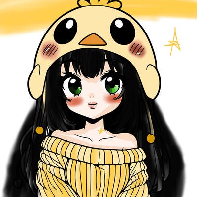 anime girl with chick shaped hat with sweater with bare shoulders with bangs covering them one eye with low tail