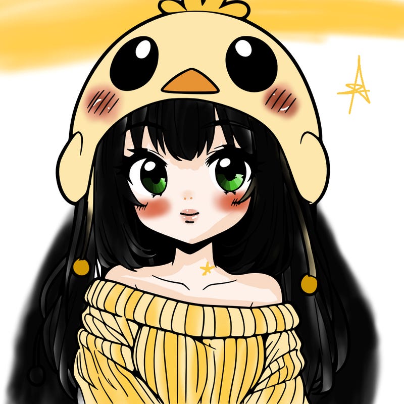 anime girl with chick shaped hat with sweater with bare shoulders with bangs covering them one eye with low tail