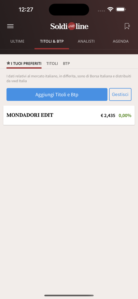 SoldiOnline - La schermata dei preferiti dell'app SoldiOnline con il monitoraggio delle azioni italiane e delle obbligazioni BTP.