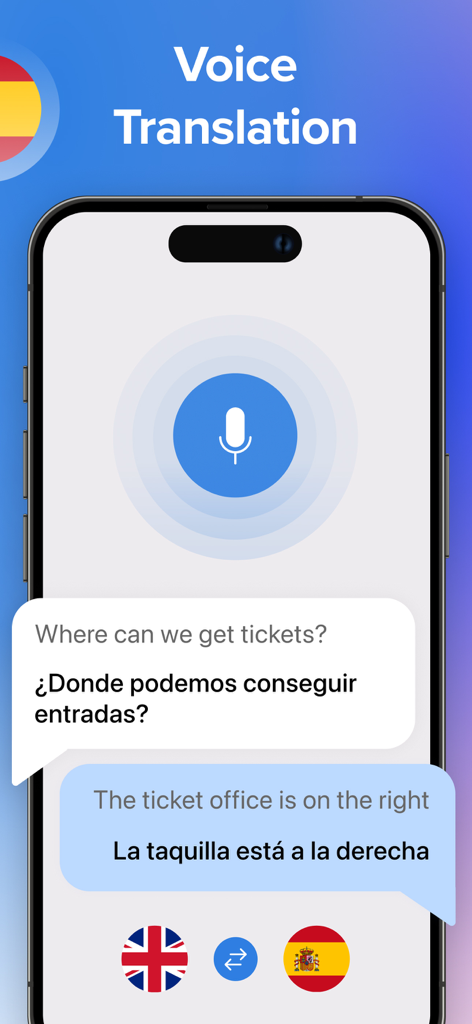 Talk & Translate AI Translator - Schermata di traduzione vocale dell'app Talk and Translate che mostra una conversazione in inglese e spagnolo