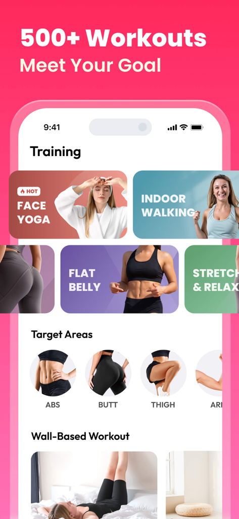 Workout for Women: Fit at Home - Pantalla de la aplicación Workout for Women que muestra varias categorías de ejercicios y áreas del cuerpo a trabajar