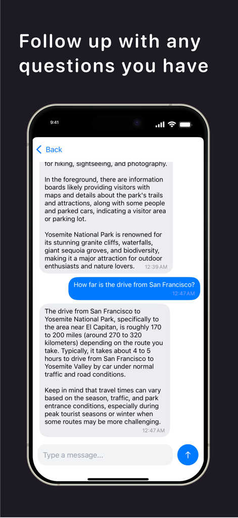 Vision GPT - Image Analyzer - Vision GPT mobile app showing an AI conversation about travel distances to Yosemite National Park.