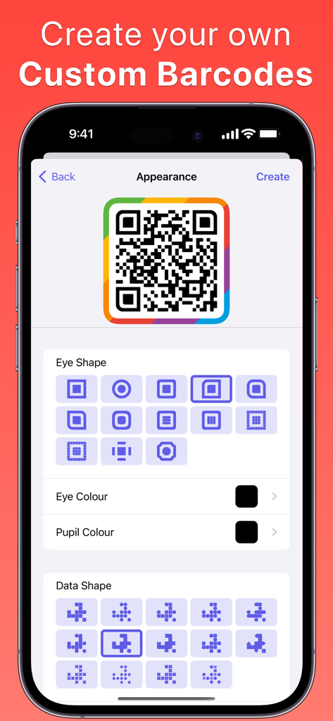 QR Barcode Generator Scanner - Interface for creating custom QR codes with various shapes and colors