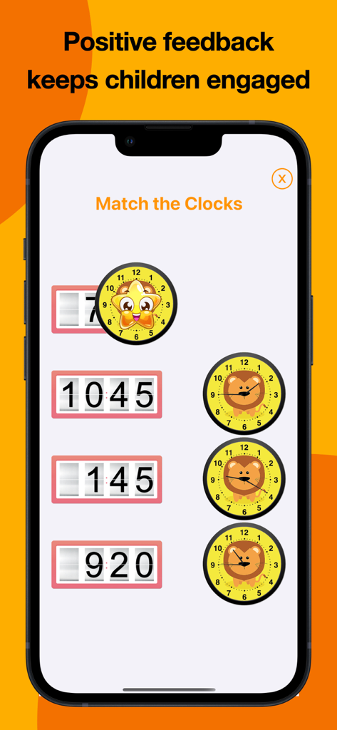 Kids Tell Time! - A matching game screen in the Kids Tell Time app where children match digital times with analog lion clocks