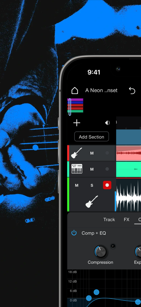 Fender Studio: Jam & Record - Interface of the Fender Studio app showing multi-track recording and audio effects on a smartphone