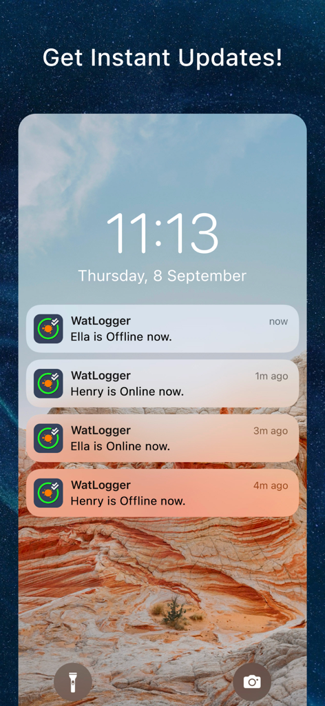 Walogin Tracker Online - iPhone lock screen showing real-time online and offline status notifications for family members