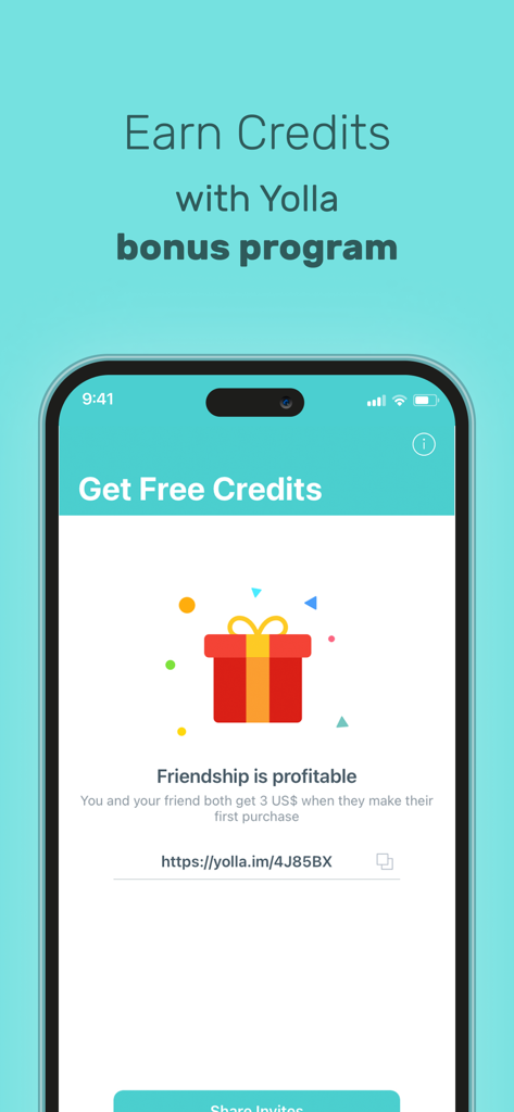 Yolla app screen showing the bonus program to earn free international calling credits by inviting friends.