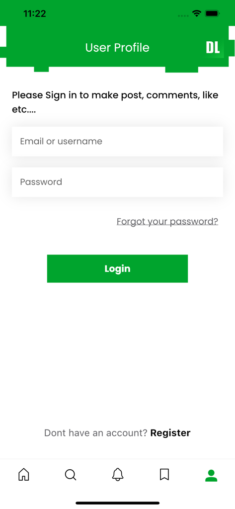 User profile login screen for the MCPEDL for Minecraft app featuring username and password fields