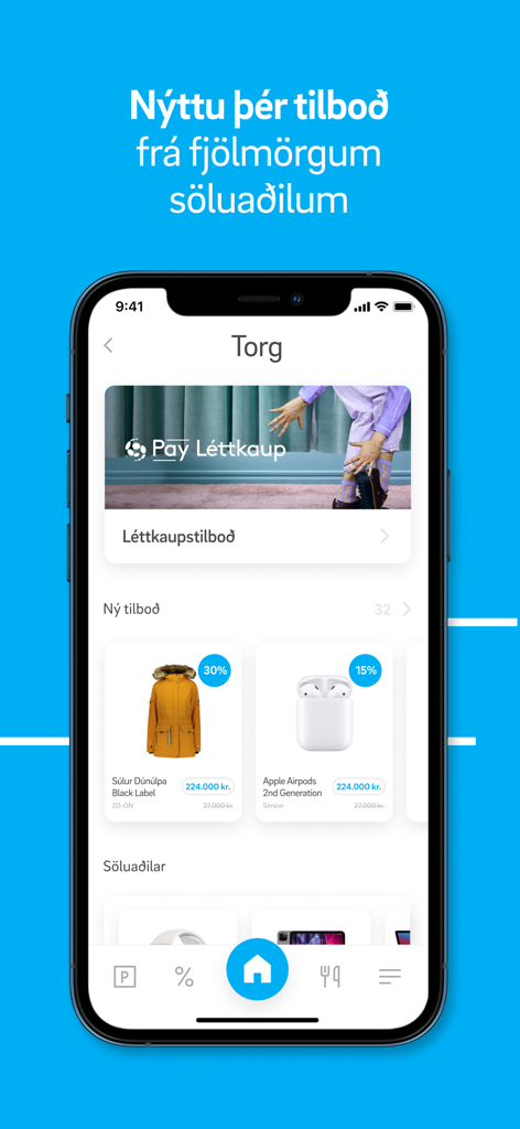 A mobile phone displaying the Siminn Pay marketplace with product discounts and shopping offers