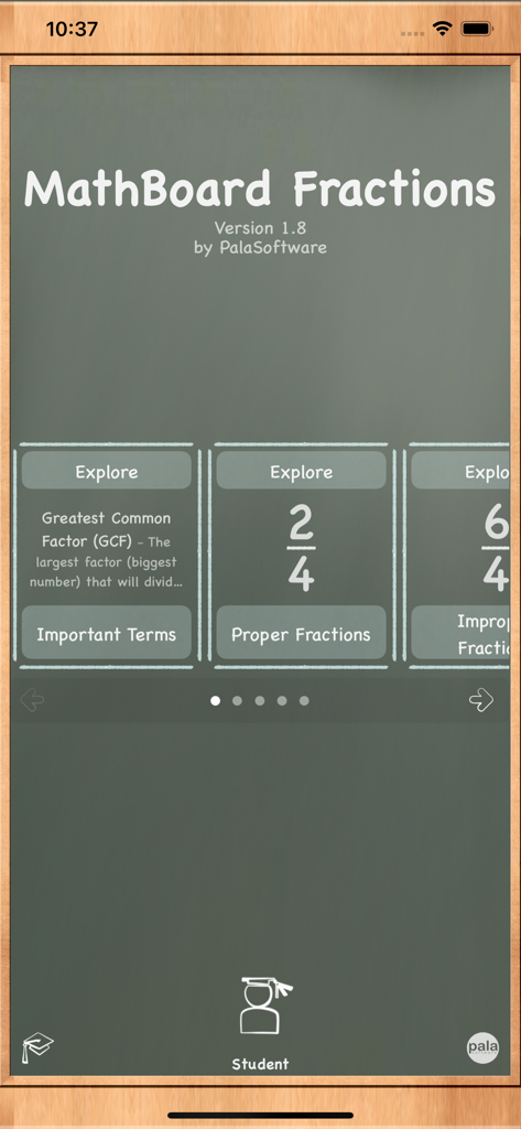 MathBoard Fractions app main menu featuring a green chalkboard design with lesson cards for GCF and proper fractions.