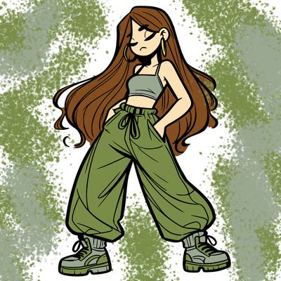girl in baggy pants crop top and long hair