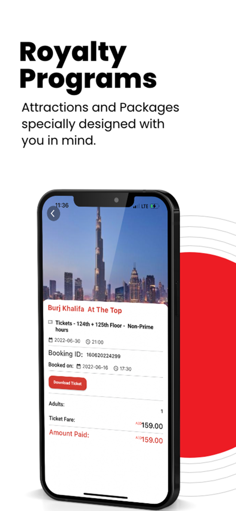 BookingBash: Tickets Made Easy - BookingBash app screen displaying a Burj Khalifa attraction ticket booking under a royalty program.